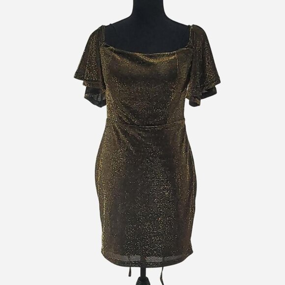 Entry L Gold Metallic Mini Dress | Open Back | Ruffle Shoulders - Picture 1 of 4